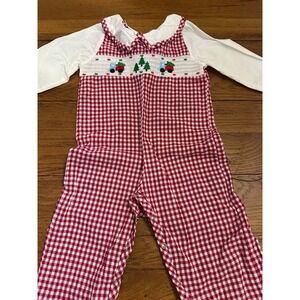 red and white gingham longalls smicked christmas boy's 24 mos